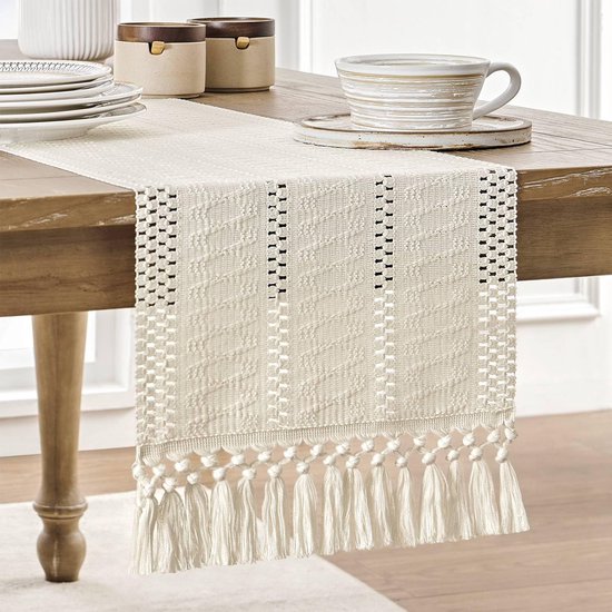 Tischläufer Im Boho-makramee-stil, Elfenbeinfarben, 274 Cm Lang, Gewebte Tischdecke Im Landhausstil, 30 X 274 Cm, Elfenbeinfarben