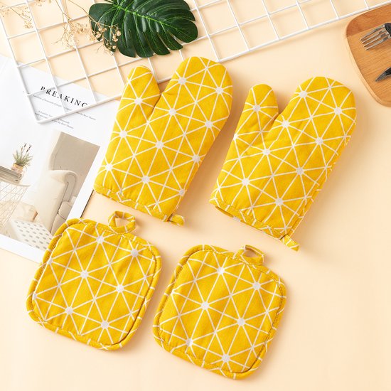 Gelb Karierte Ofenhandschuhe & Topflappen-set – 4-teilig Hitzebeständig, Rutschfest & Abwaschbar Für Küche, Backen & Grillen