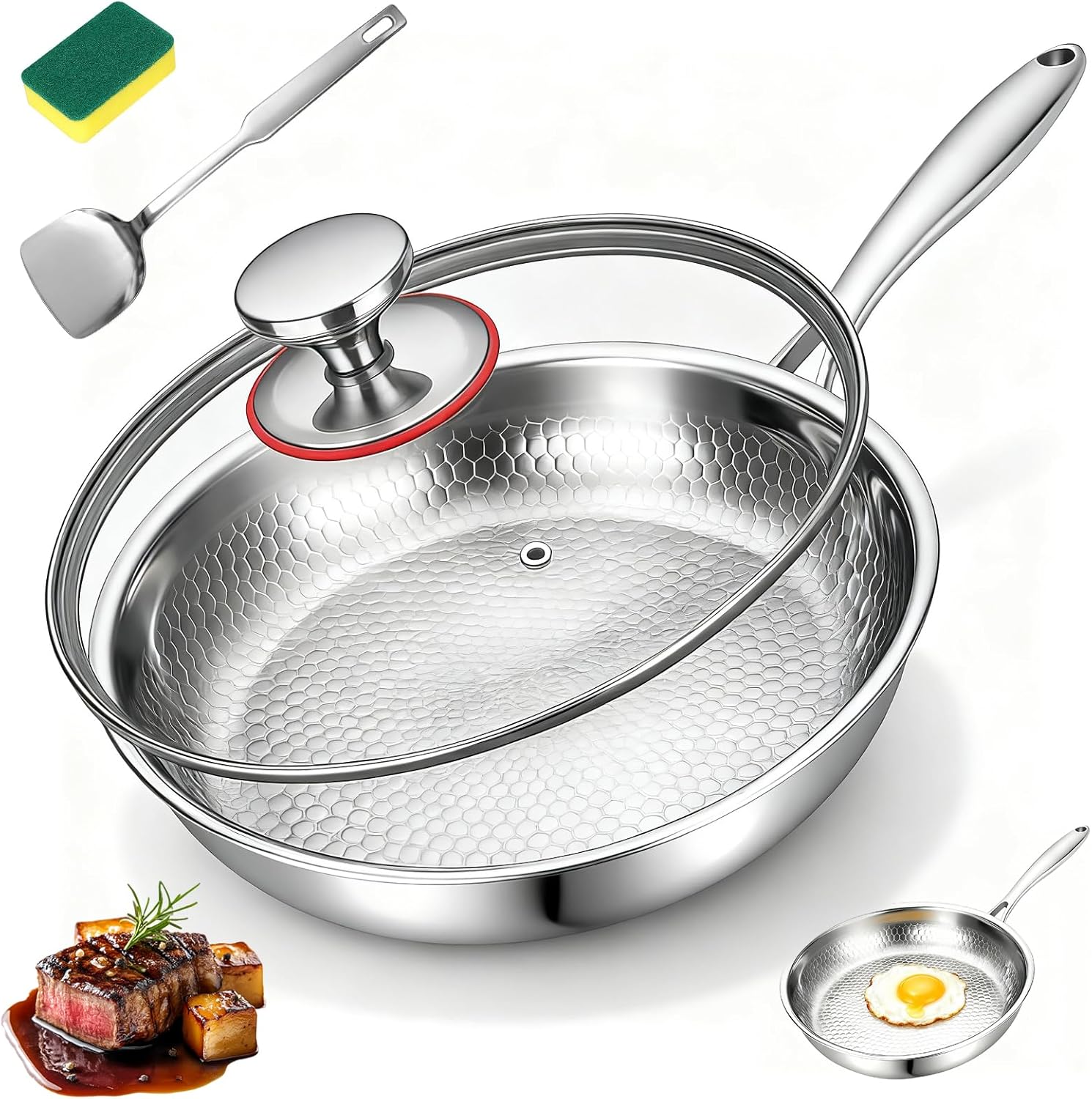 Titan 26 Cm Titan-bratpfanne Mit Gehämmertem Muster Unbeschichtete Titan-bratpfanne Mit Scheuerschwamm, Deckel Und Pfannenwender, Geeignet Für Alle Herdarten