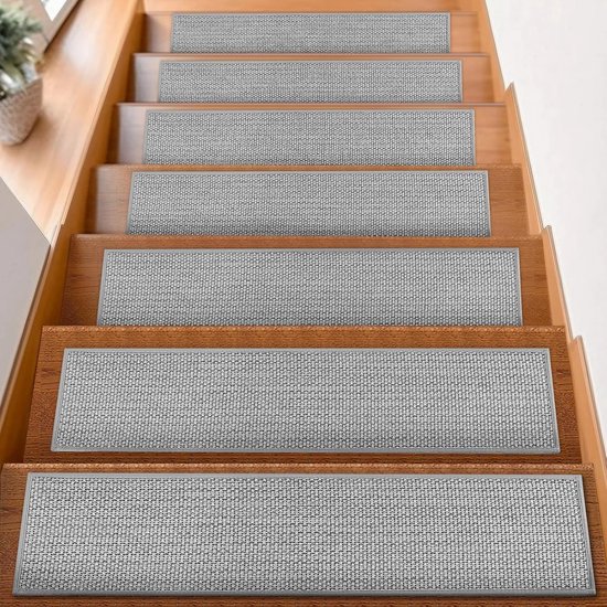 Treppenstufenmatten 20 Cm X 76 Cm, 7-teiliges Set, Rutschfeste Matten, Treppenbelag, Selbstklebend, Für Den Innenbereich, Mit Wiederverwendbarer Klebeschicht, Grau