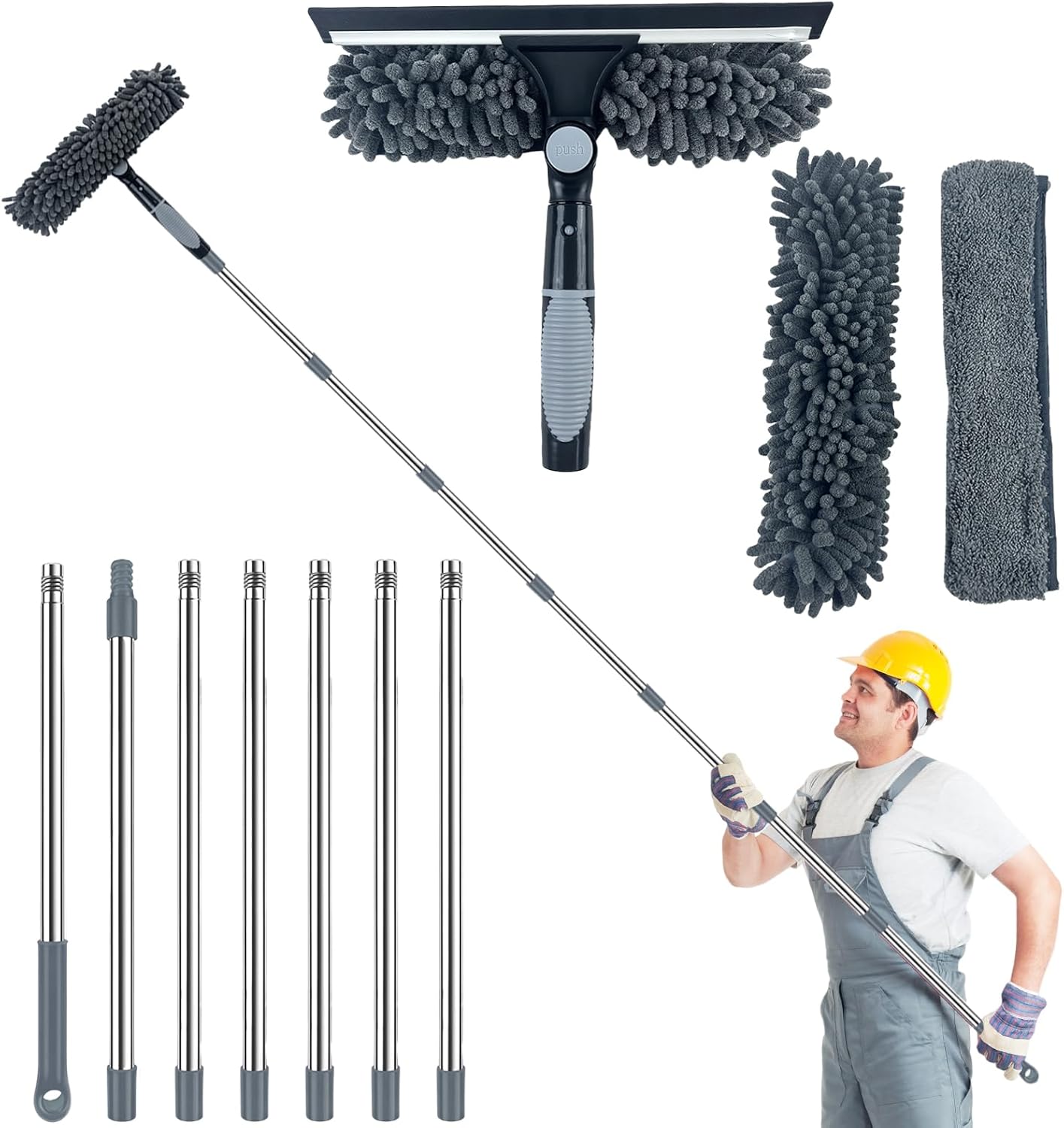 3m – 2-in-1 Fensterreinigungsset – 180° Drehbarer Bürstenkopf – Mit Teleskopstiel – Reinigungsset Für Bad, Dusche, Glas, Auto Und Fenster – Grau