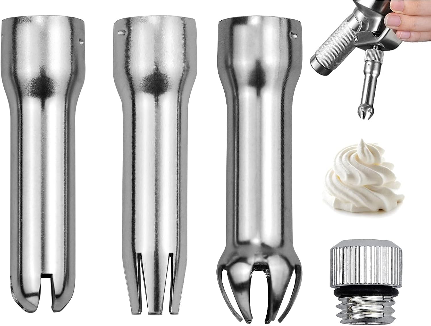 Edelstahldüsen, 3 Edelstahlspitzen Mit 1 Adapter Für Sahnesiphon, Zur Zubereitung Von Sahne, Eiscreme, Torten, Desserts, Soßen, Mousse Und Ganache