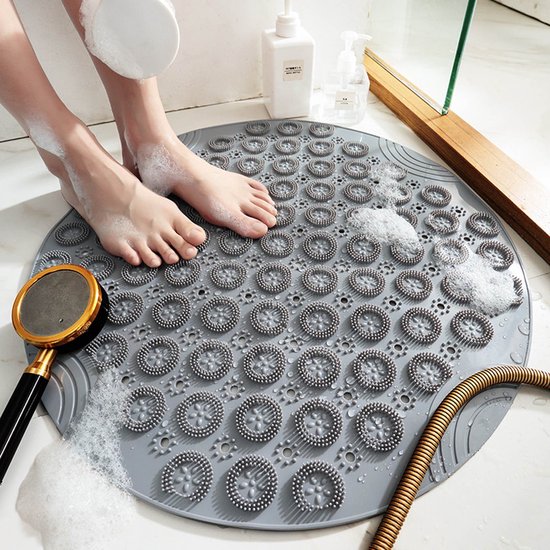 1 Stück Graue Runde Rutschfeste Badezimmermatte Mit Saugnapf, Geeignet Für Dusche, Badewanne Und Wc (55 X 55 Cm)