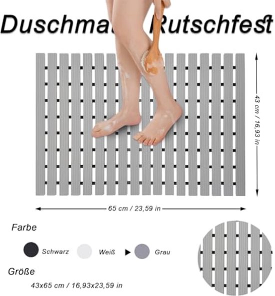 Rutschfeste Duschmatte, Individuell Zuschneidbar, 43 X 65 Cm, Grau – Für Dusche, Badewanne Und Sauna