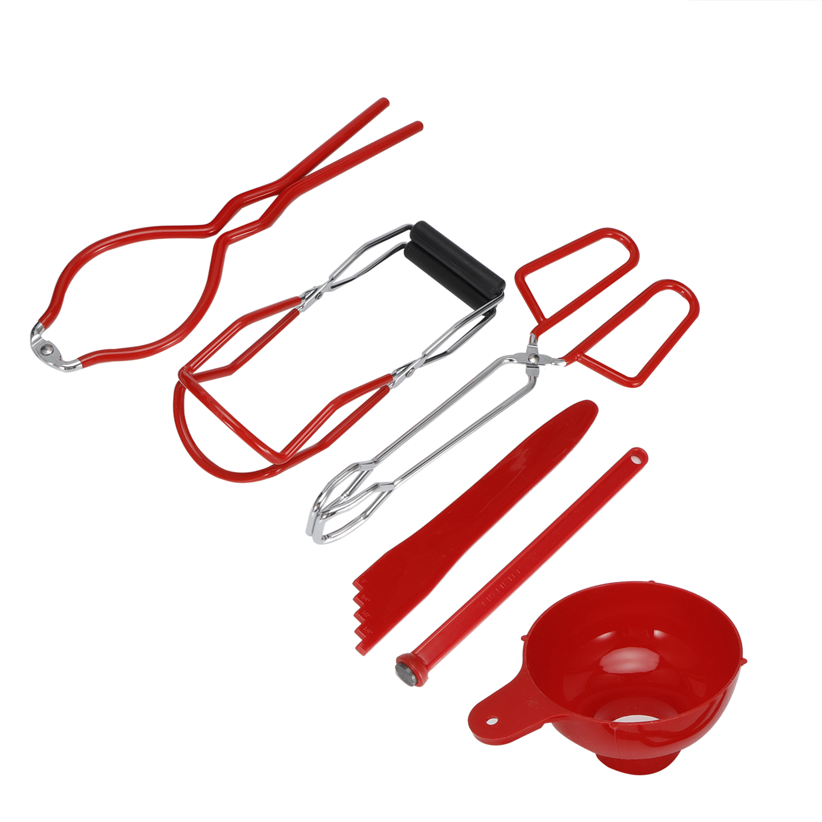 6-teiliges Einmachset: Rutschfeste Lebensmittelzange, Glasheber, Glasschlüssel, Deckelheber, Trichter, Messbecher (rot)