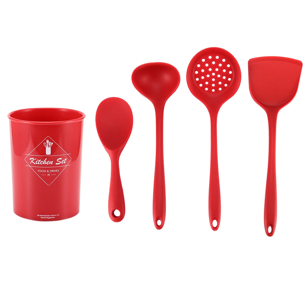 5-teiliges Küchenhelfer-set Aus Silikon, Antihaftbeschichtet, Bestehend Aus Reislöffel, Spatel Und Schaufel, Inklusive Aufbewahrungseimer