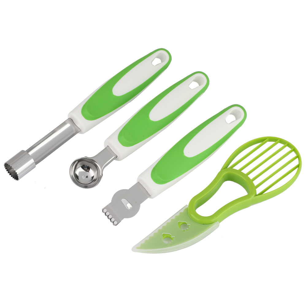 Vierteiliges Küchenhelfer-set: Obstmesser, Avocadomesser, Kernausstecher, Obstlöffel, Zitronenhobel