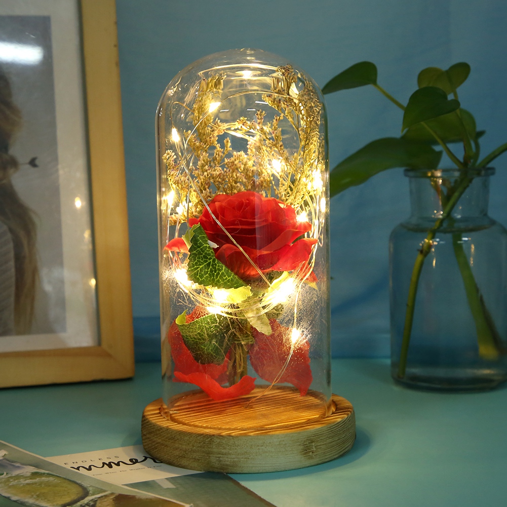 Led-lampe Mit Holzsockel, Glasabdeckung Und Rosenmotiv Aus Kunststoff, Warmweißes Led-nachtlicht, Ideal Als Geschenk Zum Geburtstag Oder Valentinstag.