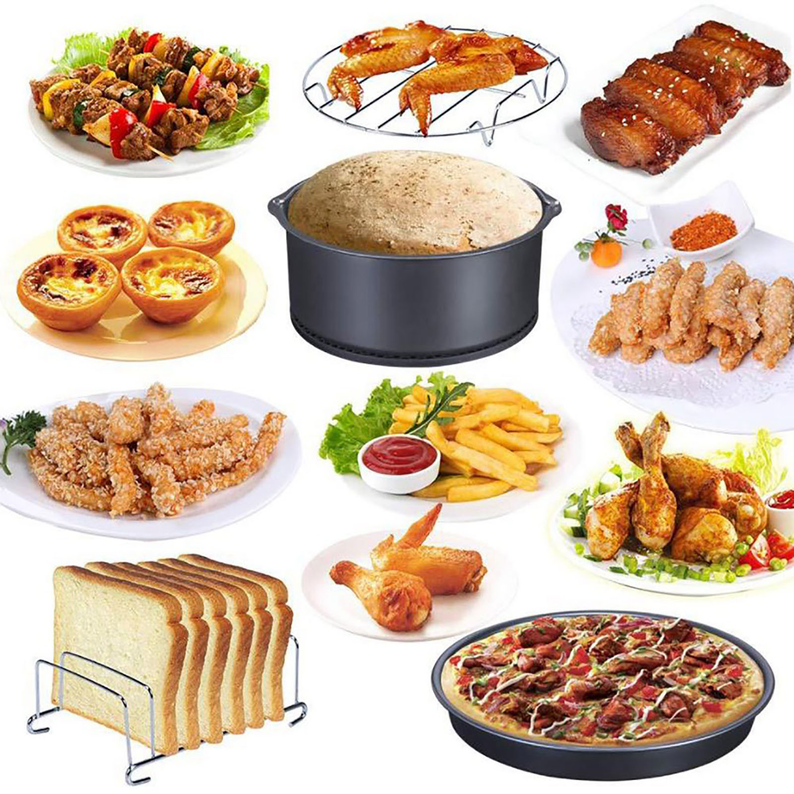 7-zoll-universal-heißluftfritteusen-set, 12-teilig, Mit Kuchenkorb-zubehör
