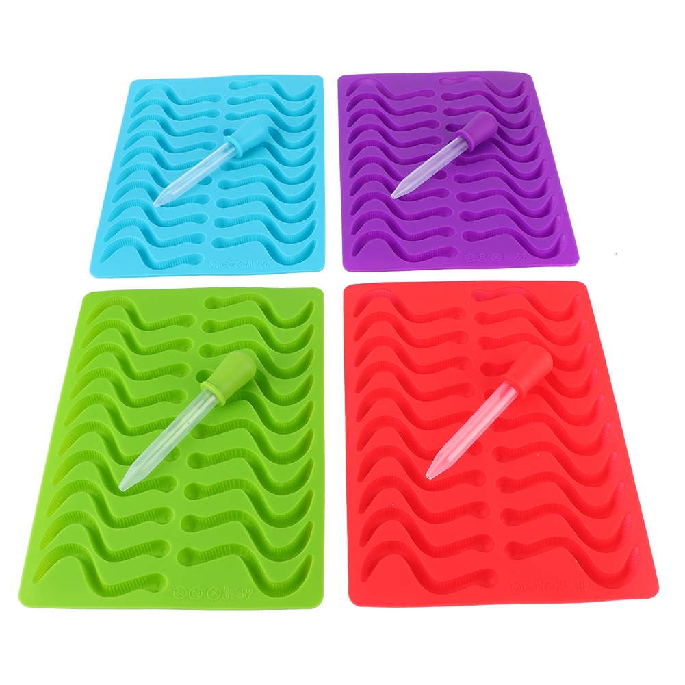 4-teiliges Silikon-backform-set In Form Von Regenwürmern Mit Pipette (rot, Blau, Grün, Lila)