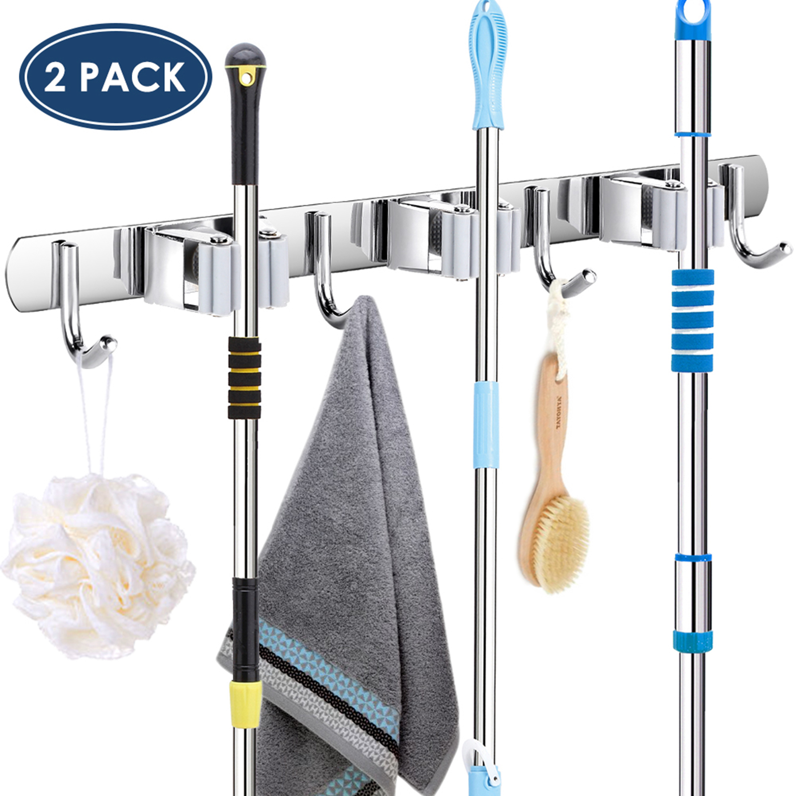 Besenhalter Aus Edelstahl, 3 Clips Und 4 Haken, Grauer Mopphalter, 2er-pack Für Die Küche