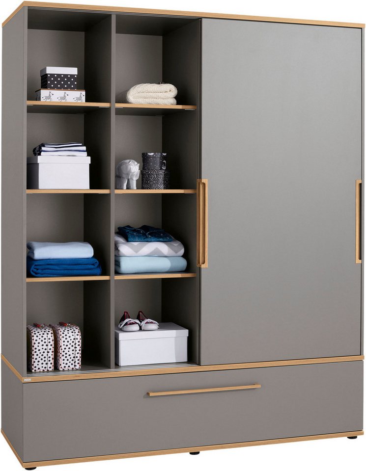 PAIDI Schiebetürenschrank STIENE in Beige oder Grau, 2 Türen und 1 Schublade mit Soft-Close (B/H/T ca. 164/200/62cm) mit Kleiderstangen+Einlegeböden, Kleiderschrank mit Massivholzgriffen