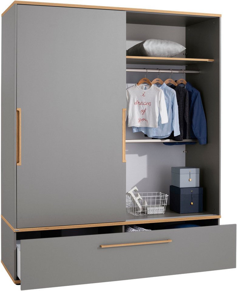 PAIDI Schiebetürenschrank STIENE in Beige oder Grau, 2 Türen und 1 Schublade mit Soft-Close (B/H/T ca. 164/200/62cm) mit Kleiderstangen+Einlegeböden, Kleiderschrank mit Massivholzgriffen Bild 3