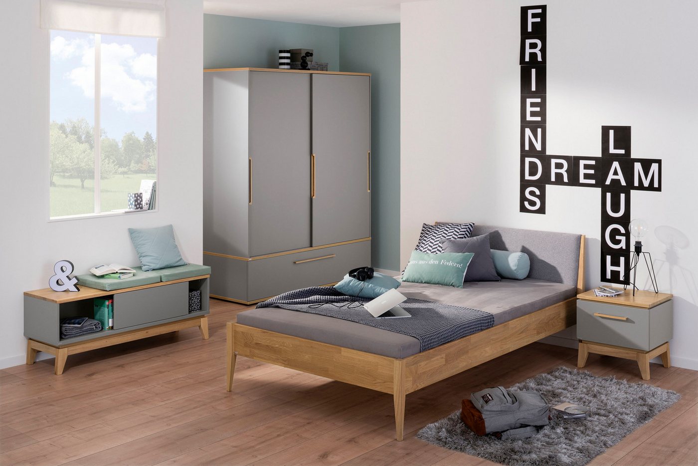 PAIDI Schiebetürenschrank STIENE in Beige oder Grau, 2 Türen und 1 Schublade mit Soft-Close (B/H/T ca. 164/200/62cm) mit Kleiderstangen+Einlegeböden, Kleiderschrank mit Massivholzgriffen Bild 5