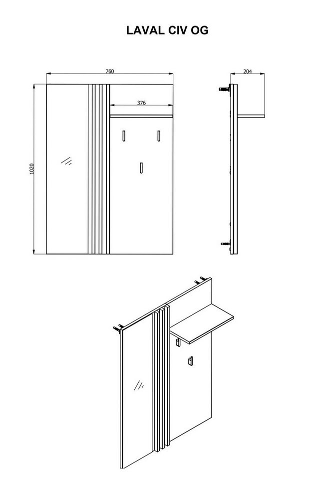 Home affaire Garderobenpaneel LAVAL, Wandregal Wandpaneel, Wandgarderobe praktisch & stillvoll, mit 3 Kleiderhaken, Spiegel und Ablage für Accessoires, Breite 76 cm Bild 3