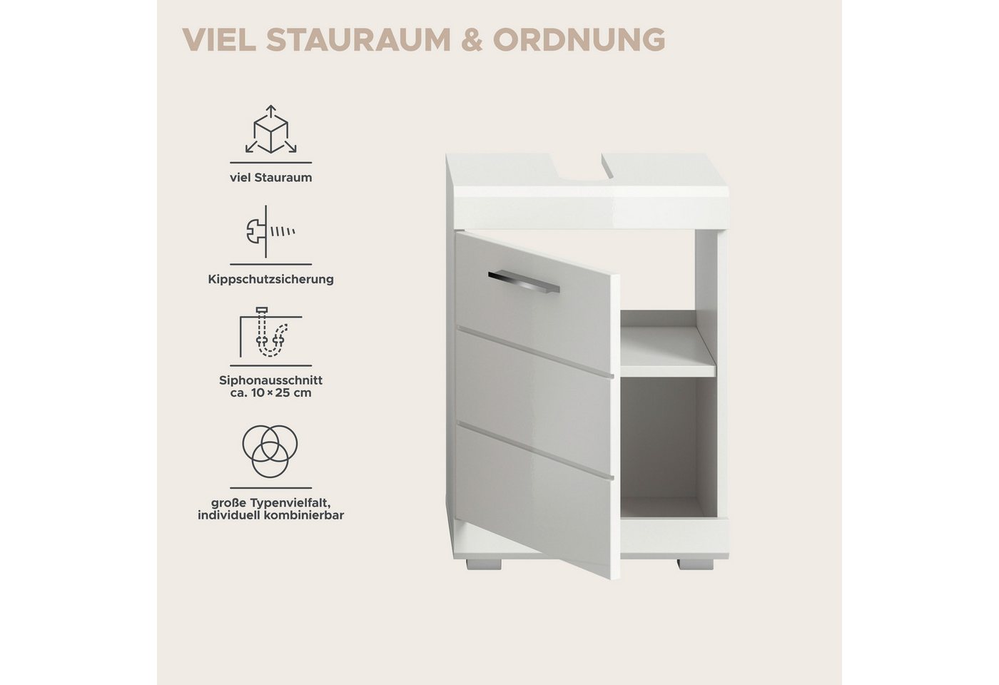 welltime Waschbeckenunterschrank SIENA, Breite 40cm, 1 Tür, 1 Einlegeboden, 2 Fächer, MDF-Front (TOPSELLER!, mit Siphonausschnitt 10x25 cm) WBU, Badmöbel, Badschrank, Kommode, Unterschrank, Bad, Badezimmer Bild 3