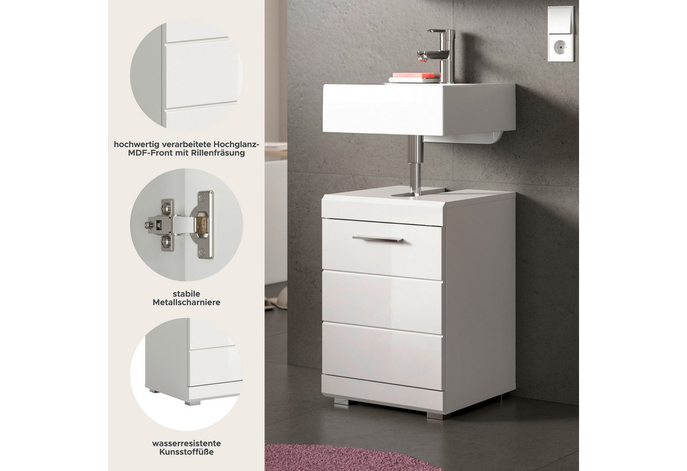 welltime Waschbeckenunterschrank SIENA, Breite 40cm, 1 Tür, 1 Einlegeboden, 2 Fächer, MDF-Front (TOPSELLER!, mit Siphonausschnitt 10x25 cm) WBU, Badmöbel, Badschrank, Kommode, Unterschrank, Bad, Badezimmer Bild 4
