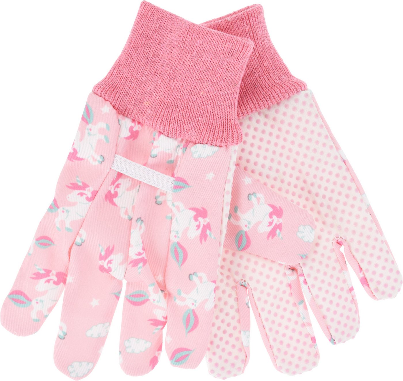Koopman Gartenhandschuhe Kinderhandschuh Tiermotiv Stoff Einheitsgröße Gelb/Rosa/Grün/Blau (Stück, 1-St., Packung) Gummiband, mit Einhorn Motiv, UNi Size, Baumwolle