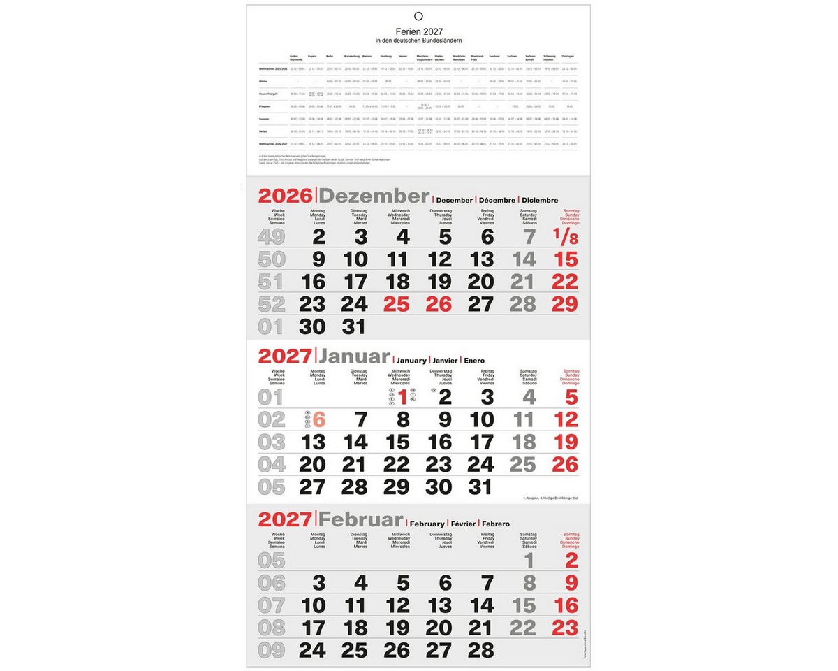 GÜSS Kalender Wandkalender 3-Monatskalender 23,5x48,5cm Kalendarium 2027