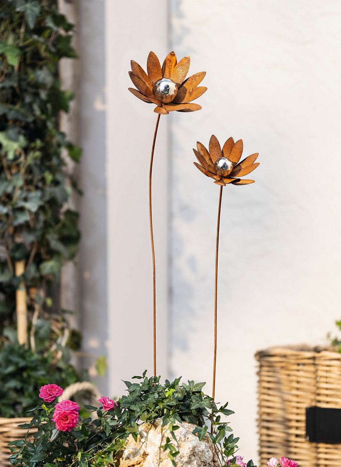 Dekoleidenschaft Gartenstecker "Blume" Metall mit Rost Finish, rostige Outdoor Metalldeko, Rostdeko (2-St., im Set) 85 + 105 cm hoch, Metallstecker, Gartendeko für Draußen Bild 4