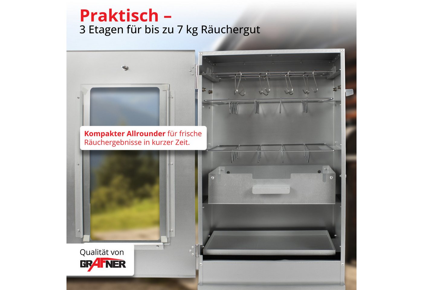 Grafner Räucherofen Grafner Räucherofen mit 3 Etagen 44x28x80 mit Sichtfenster und Thermom, 21-St., integriertes Thermometer, 3 Etagen