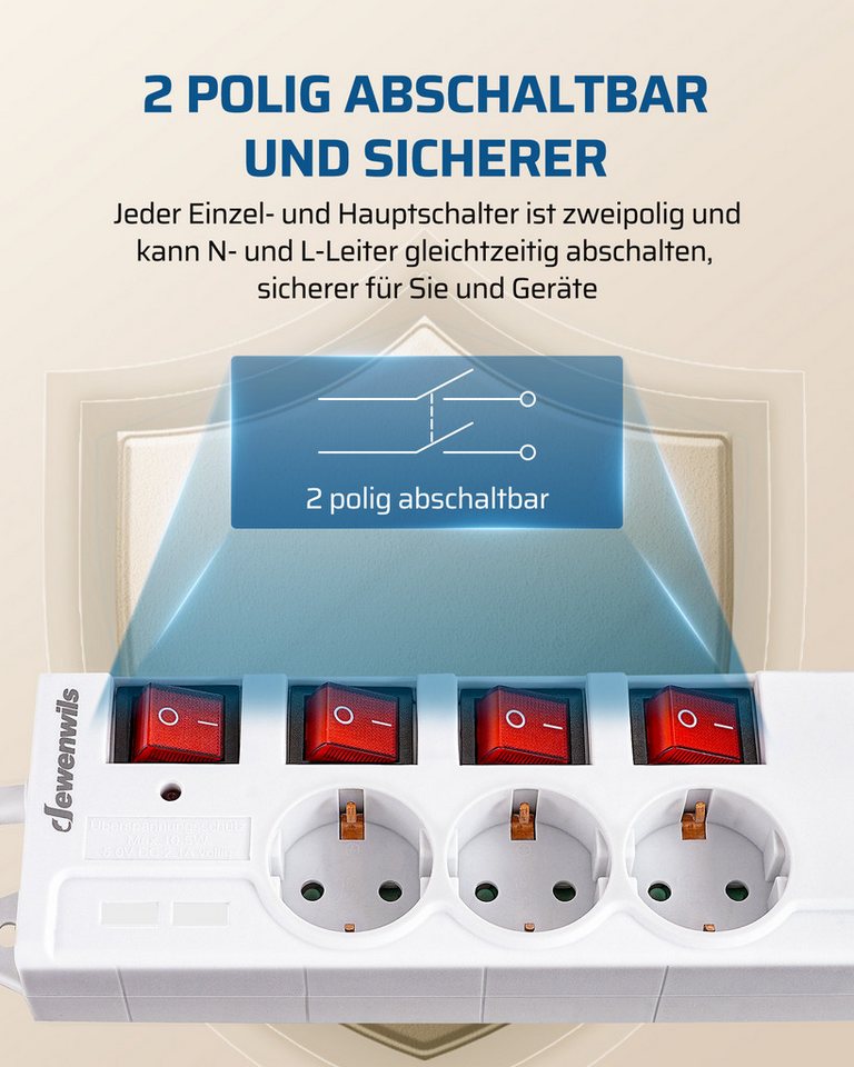 DEWENWILS Steckdosenleiste 6-fach (einzeln schaltbar, Überspannungsschutz 250J, Kindersicherung, Kabellänge 2 m), Mehrfachsteckdose Bild 3