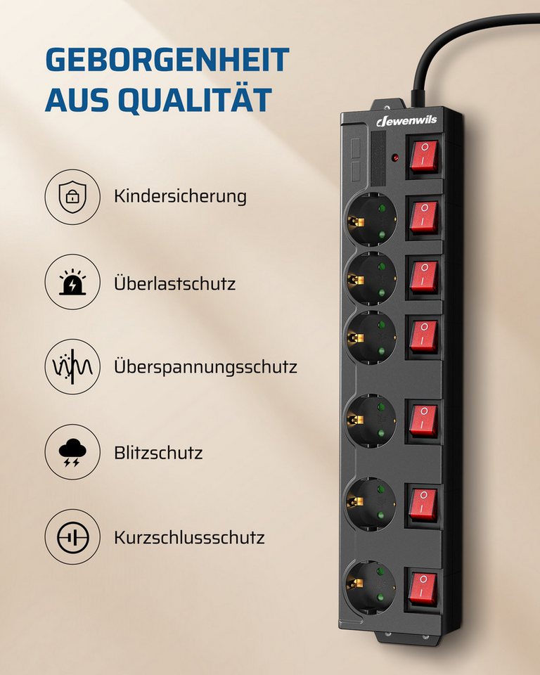 DEWENWILS Steckdosenleiste 6-fach (einzeln schaltbar, Überspannungsschutz 250J, Kindersicherung, Kabellänge 3 m), Mehrfachsteckdose Bild 4