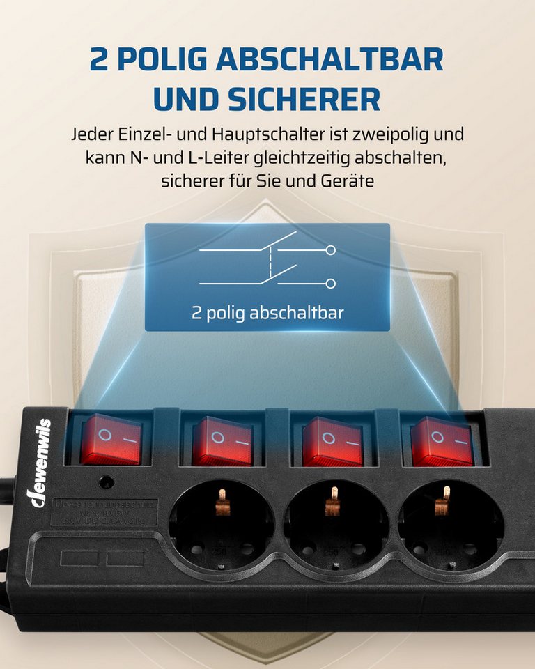 DEWENWILS Steckdosenleiste 6-fach (einzeln schaltbar, Überspannungsschutz 250J, Kindersicherung, Kabellänge 3 m), Mehrfachsteckdose Bild 5