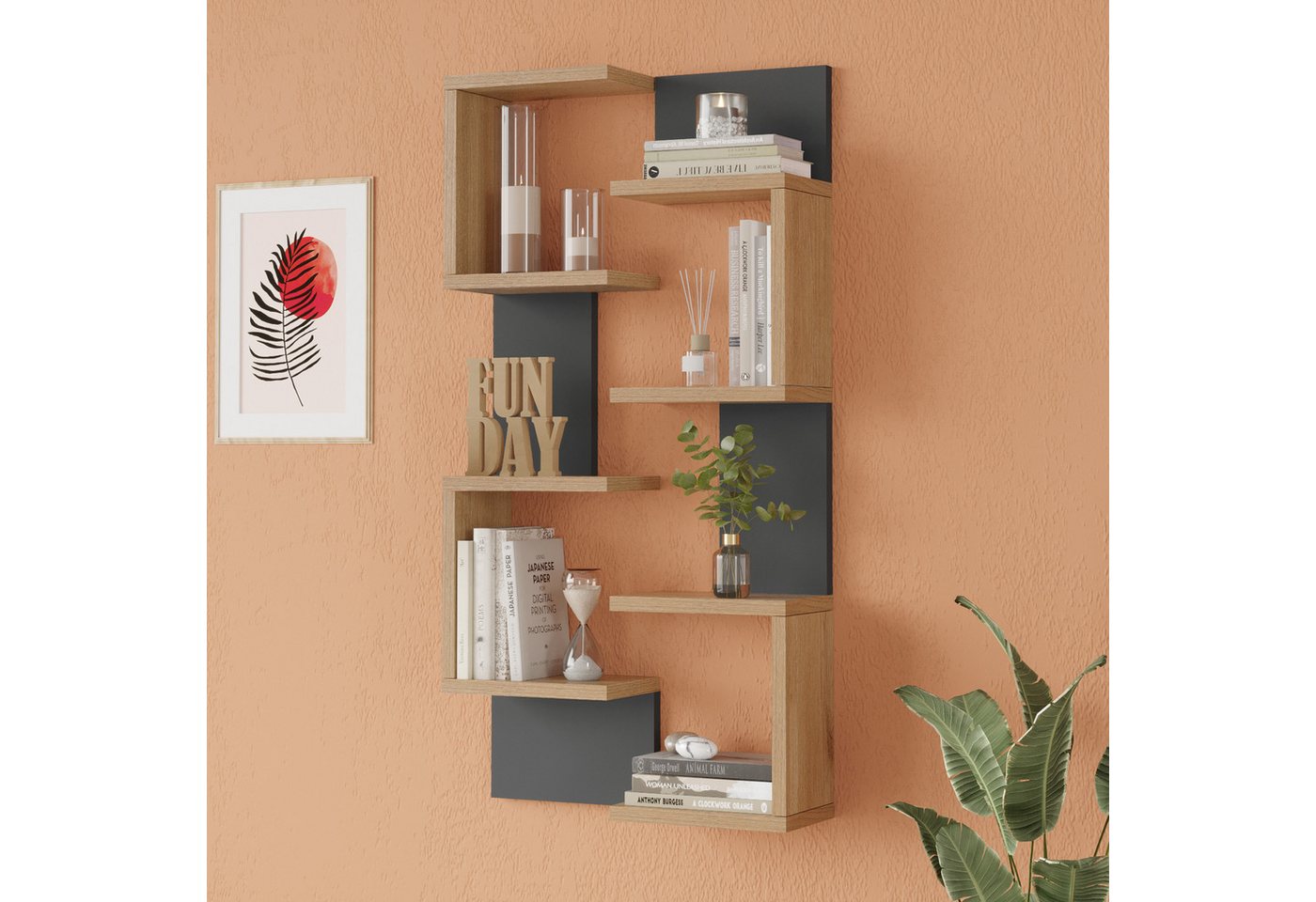 en.casa Wandregal, 2-er Set, »Omn« 93 x 24 x 15 cm Holzoptik / Anthrazit Bild 2