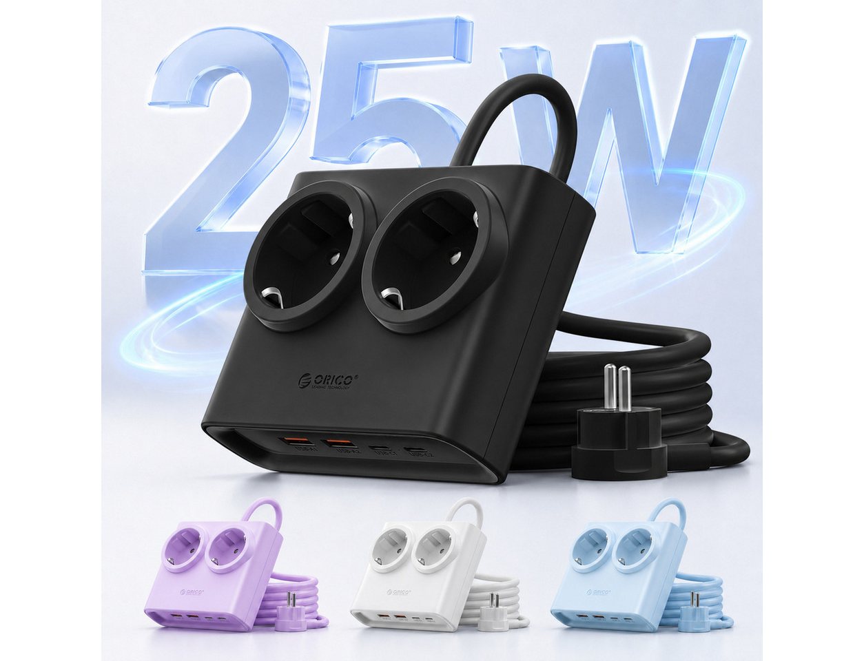 ORICO Steckdose 25W/15W GaN Mehrfachsteckdose 6-in-1 Steckdosenleiste,2AC+2USB +2CPD, flacher 1,3 cm Stecke, 1-St., 1,6 m Kabel, 2500 W., für Haushalt & Büro
