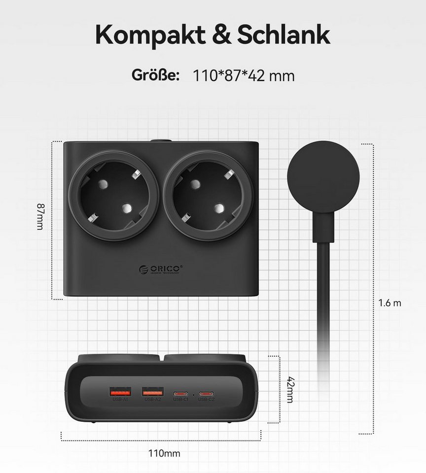 ORICO Steckdose 25W/15W GaN Mehrfachsteckdose 6-in-1 Steckdosenleiste,2AC+2USB +2CPD, flacher 1,3 cm Stecke, 1-St., 1,6 m Kabel, 2500 W., für Haushalt & Büro Bild 4