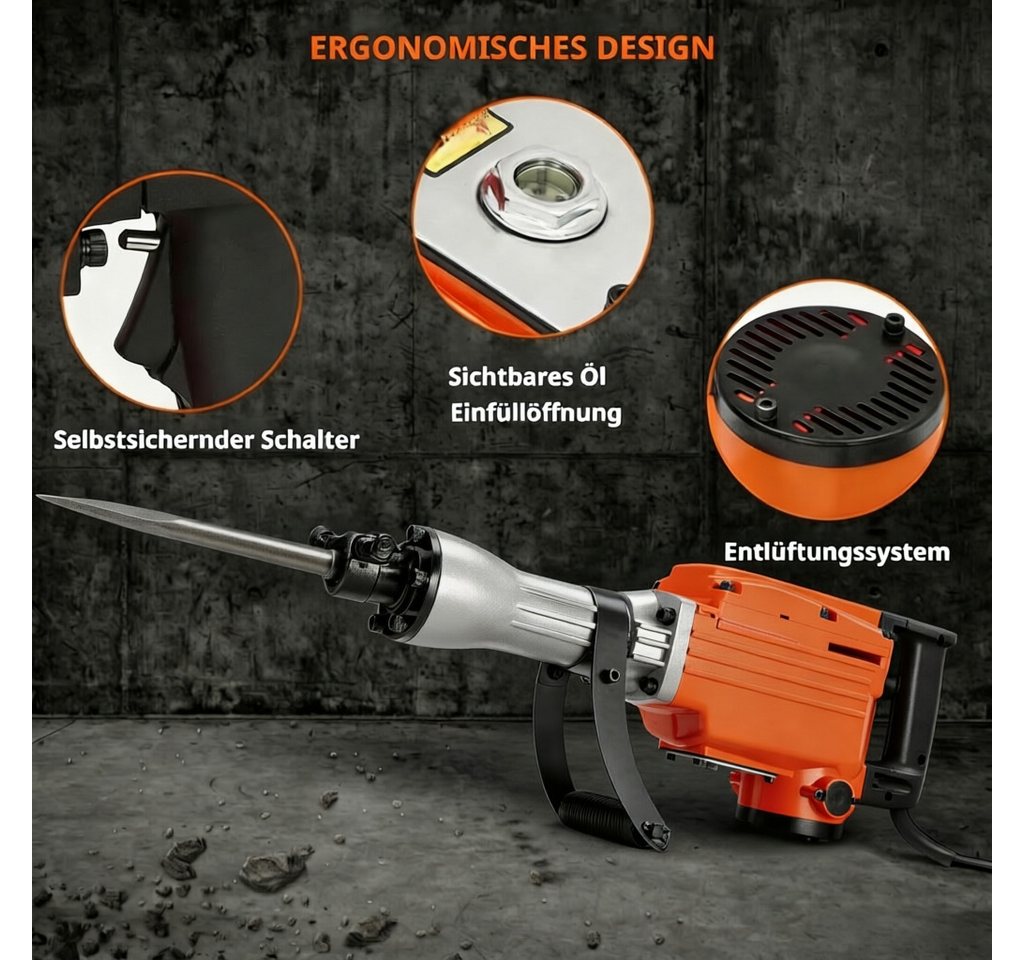 GarveeMore Abbruchhammer Aluminium-Kupfer-Motor, für Beton, Stein, Ziegel, Fliesen, 1700 in W, mit 3 Meißeln, 1400 U/min, 19J Schlagenergie, orange