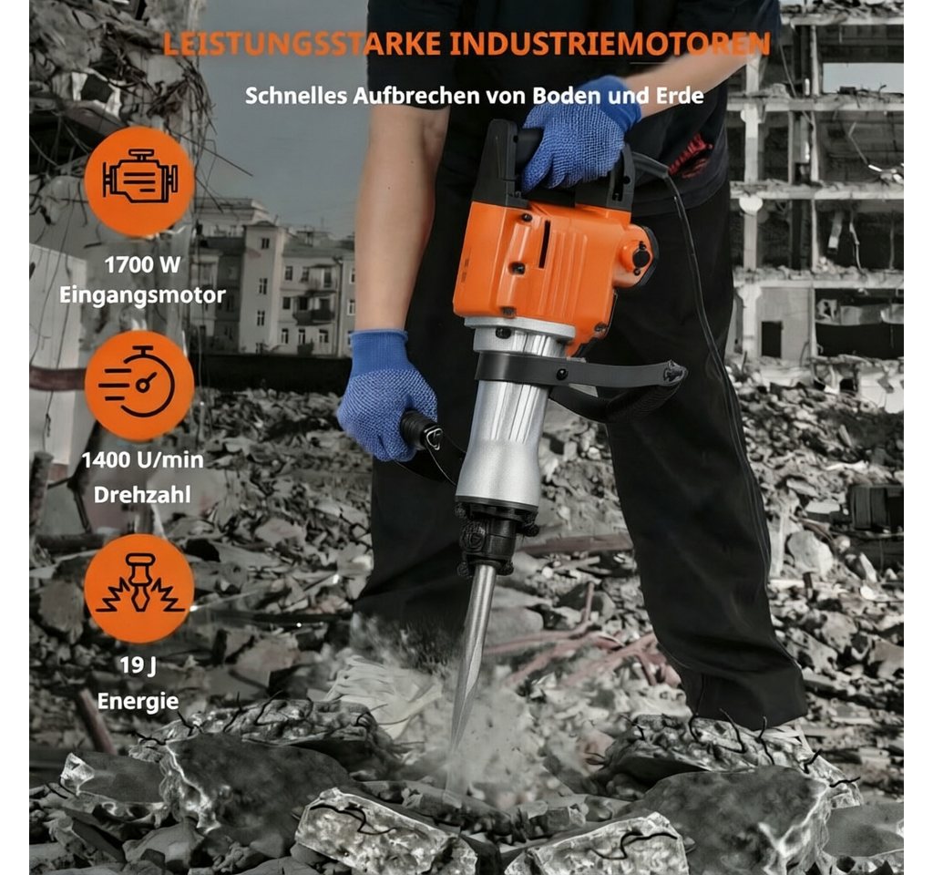 GarveeMore Abbruchhammer Aluminium-Kupfer-Motor, für Beton, Stein, Ziegel, Fliesen, 1700 in W, mit 3 Meißeln, 1400 U/min, 19J Schlagenergie, orange Bild 3