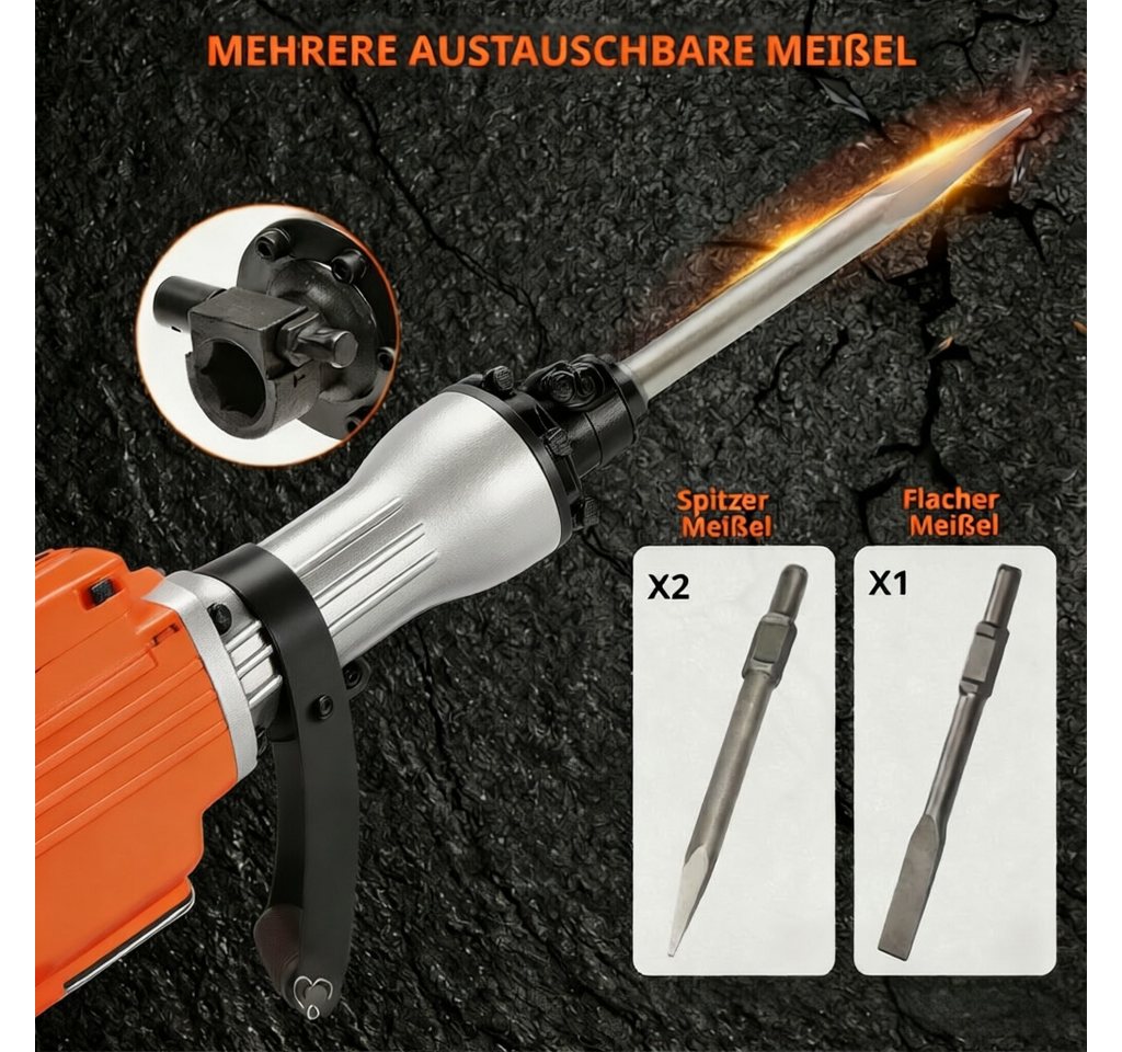 GarveeMore Abbruchhammer Aluminium-Kupfer-Motor, für Beton, Stein, Ziegel, Fliesen, 1700 in W, mit 3 Meißeln, 1400 U/min, 19J Schlagenergie, orange Bild 4