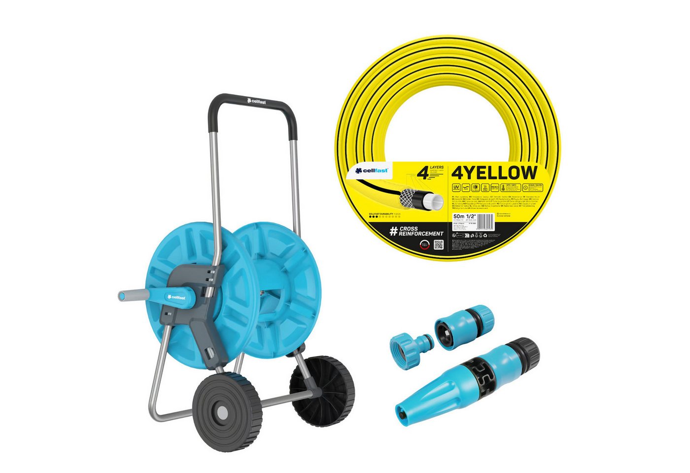 Cellfast Schlauchwagen 1/2" 60 m + 4YELLOW Gartenschlauch 1/2" 50 m + Basic Sprühkopf 1/2", All Season, Anti Algae, Flexi, ReaCh Compliant, UV Resistant Bild 5