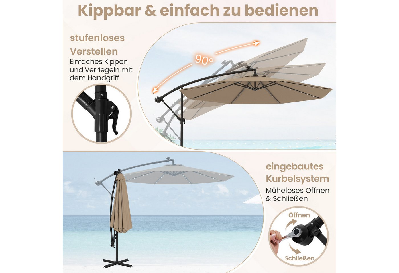 COSTWAY Sonnenschirm, LxB: 350x350 cm, Ampelschirm mit LED-Leuchten