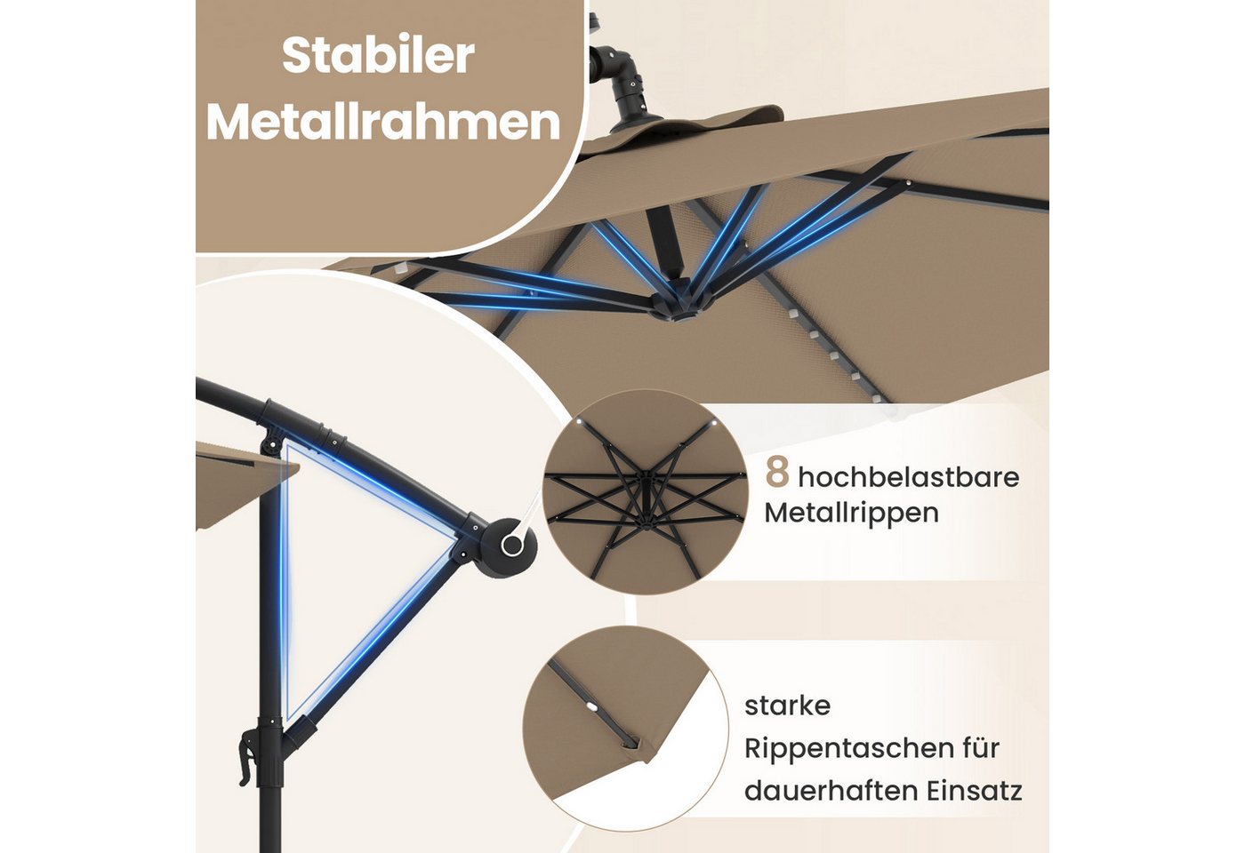 COSTWAY Sonnenschirm, LxB: 350x350 cm, Ampelschirm mit LED-Leuchten Bild 4