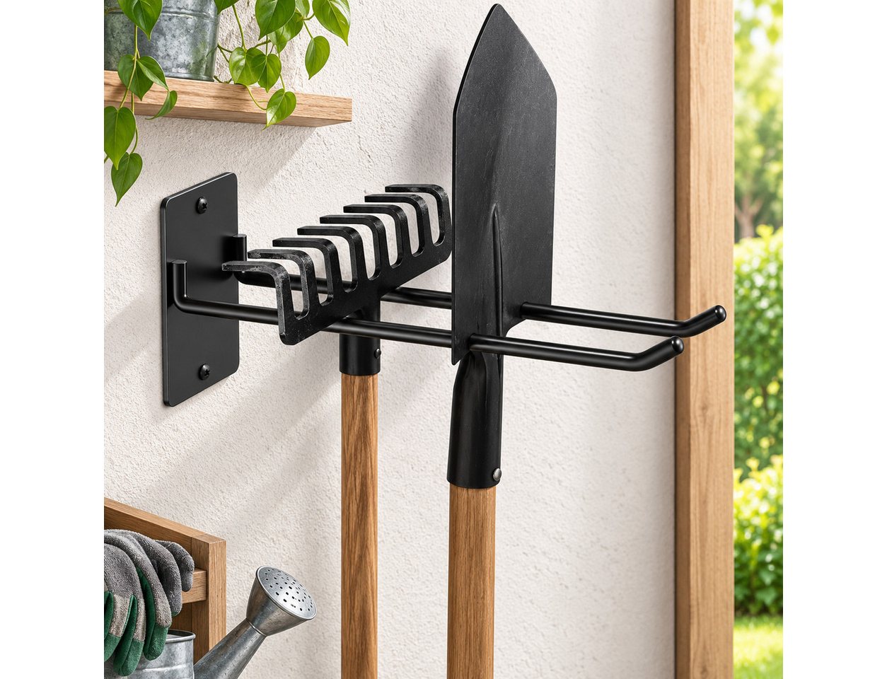 ibettertec Gartengerätehalter Wandhalterung für Gartengeräte,für Besen, Schaufeln&lange Werkzeuge, (Verlängerungshaken, 25×7×10cm, Platzsparender, Verlängerte Doppelarm) Bild 4