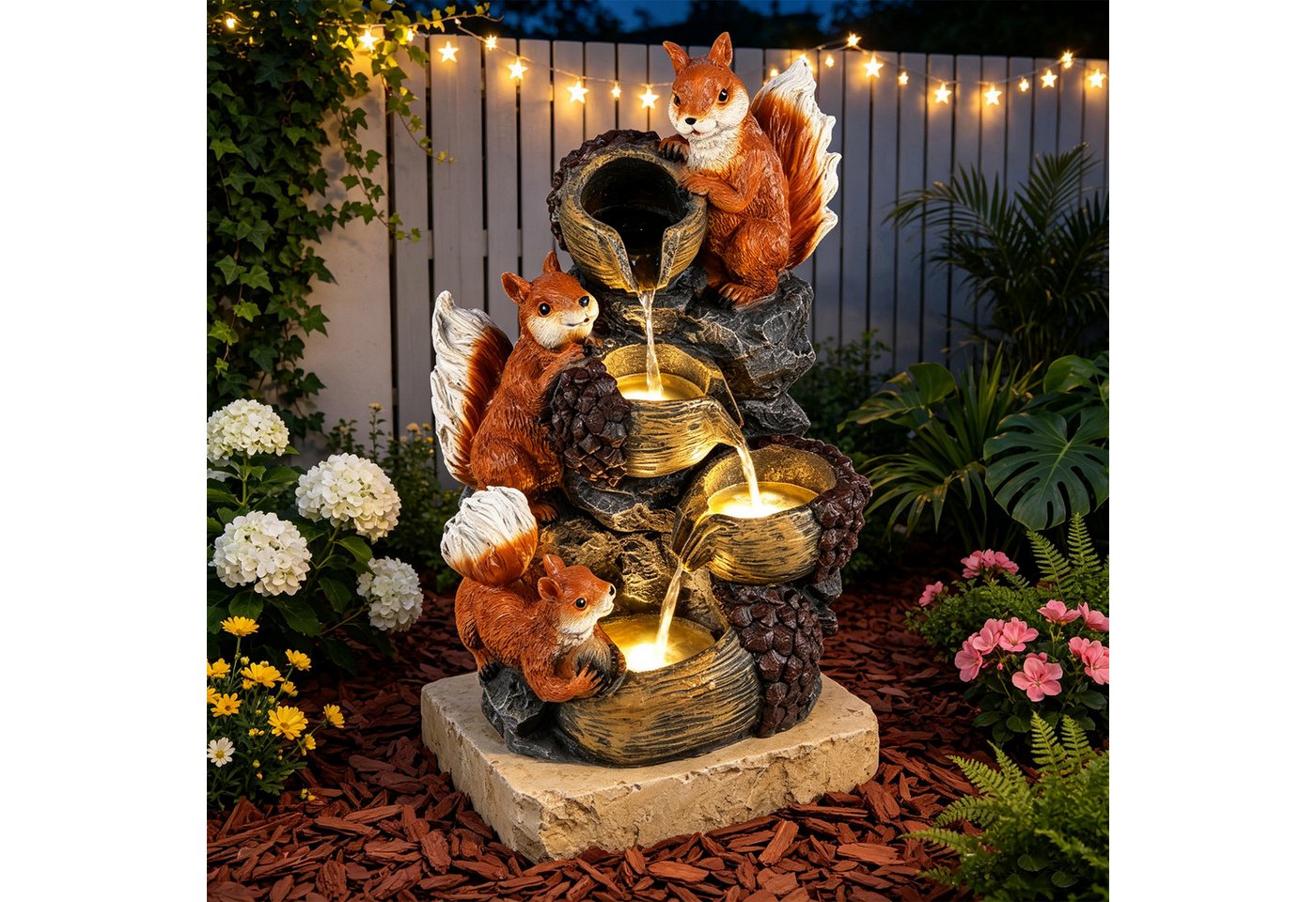 KOMFOTTEU Gartenbrunnen 4-stufiger Springbrunnen, mit LED Beleuchtung, Pumpe & 3 Eichhörnchen