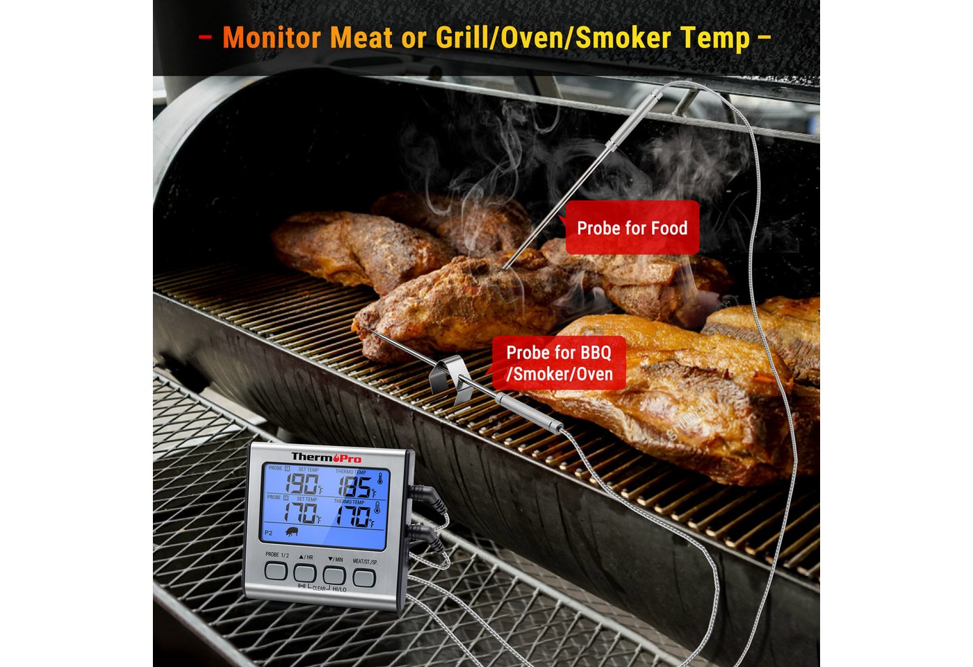 ThermoPro Grillthermometer TP17, Grillthermometer mit 2 Sonden, Alarm, bis 300 °C, LCD-Beleuchtung