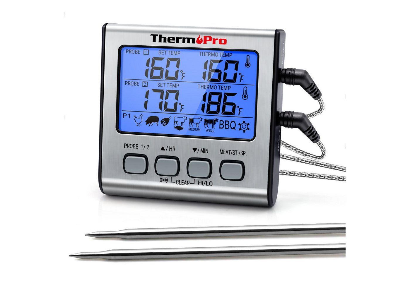 ThermoPro Grillthermometer TP17, Grillthermometer mit 2 Sonden, Alarm, bis 300 °C, LCD-Beleuchtung Bild 2