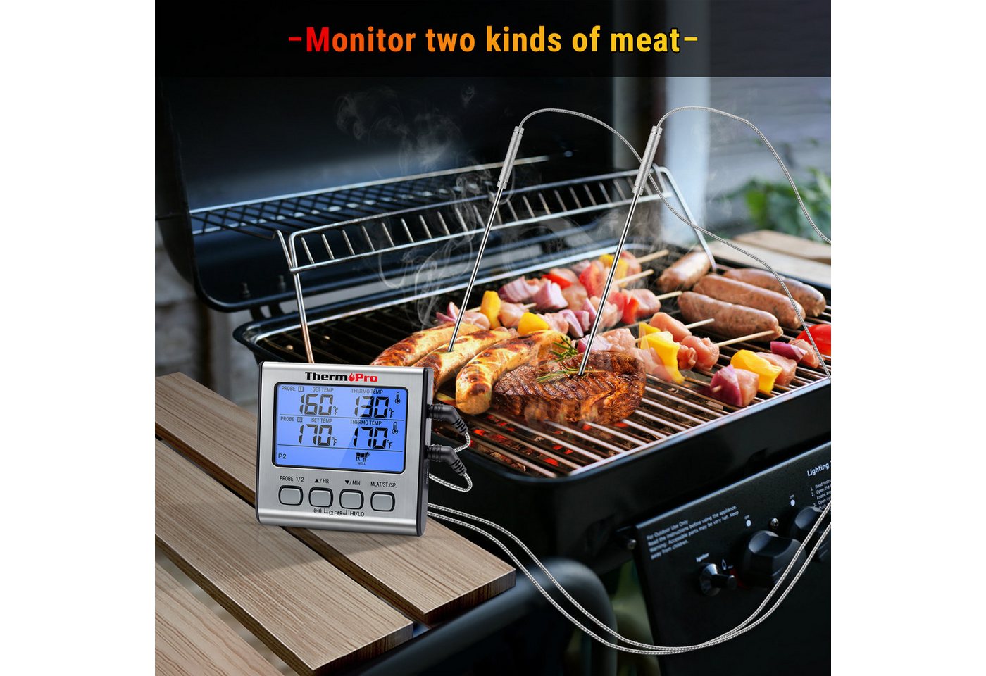 ThermoPro Grillthermometer TP17, Grillthermometer mit 2 Sonden, Alarm, bis 300 °C, LCD-Beleuchtung Bild 4
