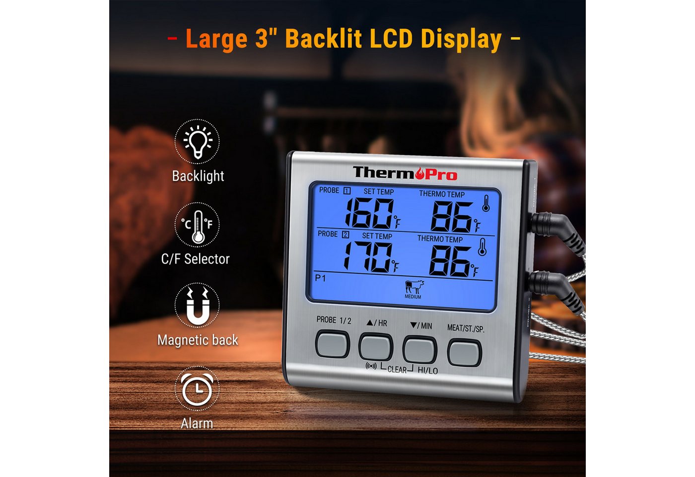 ThermoPro Grillthermometer TP17, Grillthermometer mit 2 Sonden, Alarm, bis 300 °C, LCD-Beleuchtung Bild 5
