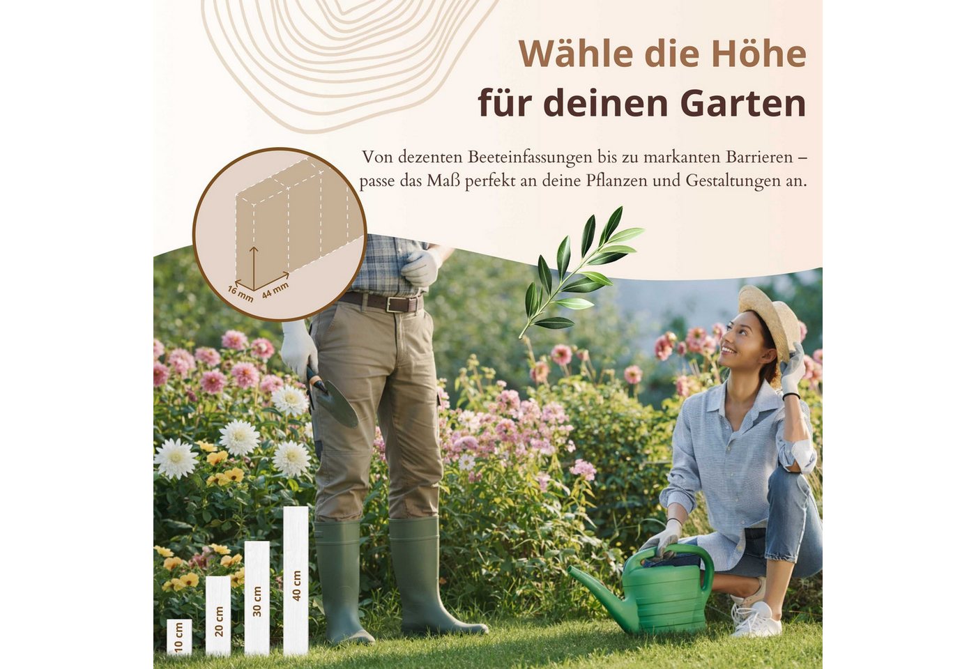 Floranica Palisade Beeteinfassung Flexibler Rollborder Rasenkante Beetumrandung Palisade, LxH: 200x20 cm, Natur, für Blumen und Kräutergarten, Vorgarten, Wege, Rasenbegrenzung Bild 3