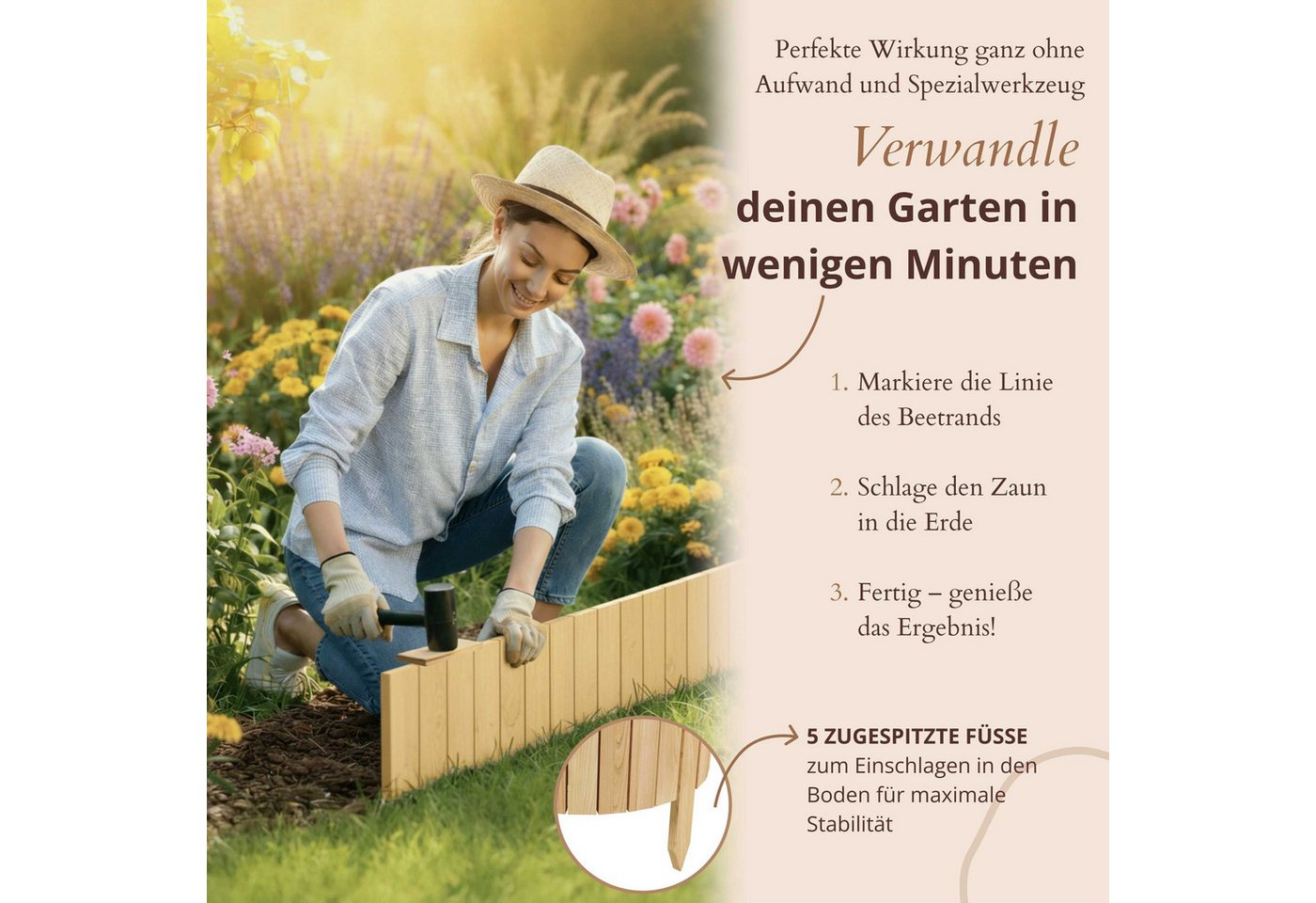 Floranica Palisade Beeteinfassung Flexibler Rollborder Rasenkante Beetumrandung Palisade, LxH: 200x20 cm, Natur, für Blumen und Kräutergarten, Vorgarten, Wege, Rasenbegrenzung Bild 4