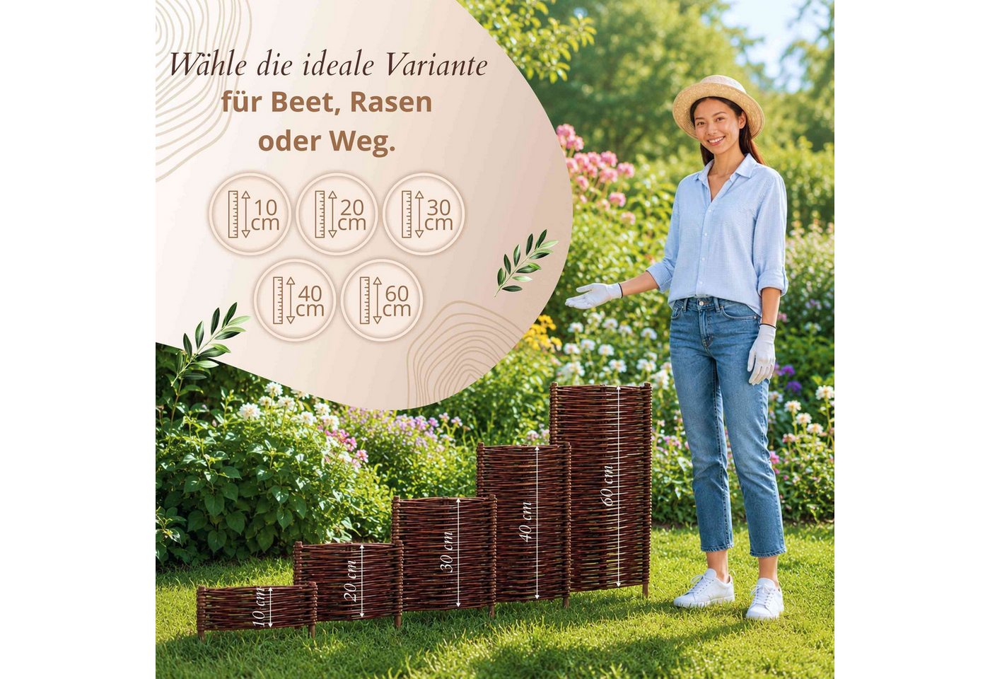 Floranica Weidenzaun Beeteinfassung Beetbegrenzung aus Weide Steckzaun, (10-St., (L:H) 30 x 10 cm), Rasenkante aus Weidengeflecht Beetzaun Weidenzaun Beetumrandung
