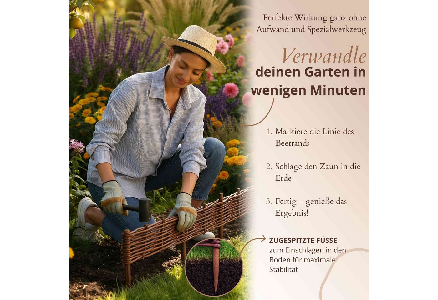 Floranica Weidenzaun Beeteinfassung Beetbegrenzung aus Weide Steckzaun, (10-St., (L:H) 30 x 10 cm), Rasenkante aus Weidengeflecht Beetzaun Weidenzaun Beetumrandung Bild 2