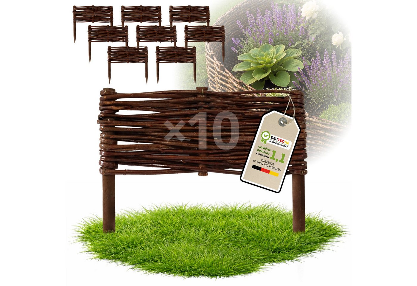 Floranica Weidenzaun Beeteinfassung Beetbegrenzung aus Weide Steckzaun, (10-St., (L:H) 30 x 10 cm), Rasenkante aus Weidengeflecht Beetzaun Weidenzaun Beetumrandung Bild 3