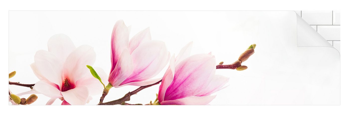 Bilderdepot24 Küchenrückwand rosa dekor Blumen Wandpaneel Küche Zarter Magnolienzweig, (1-tlg., Nischenrückwand - für Fliesenspiegel ohne Bohren - matt), Spritzschutz Rückwand Küche Herd - Folie selbstklebend versch. Größen
