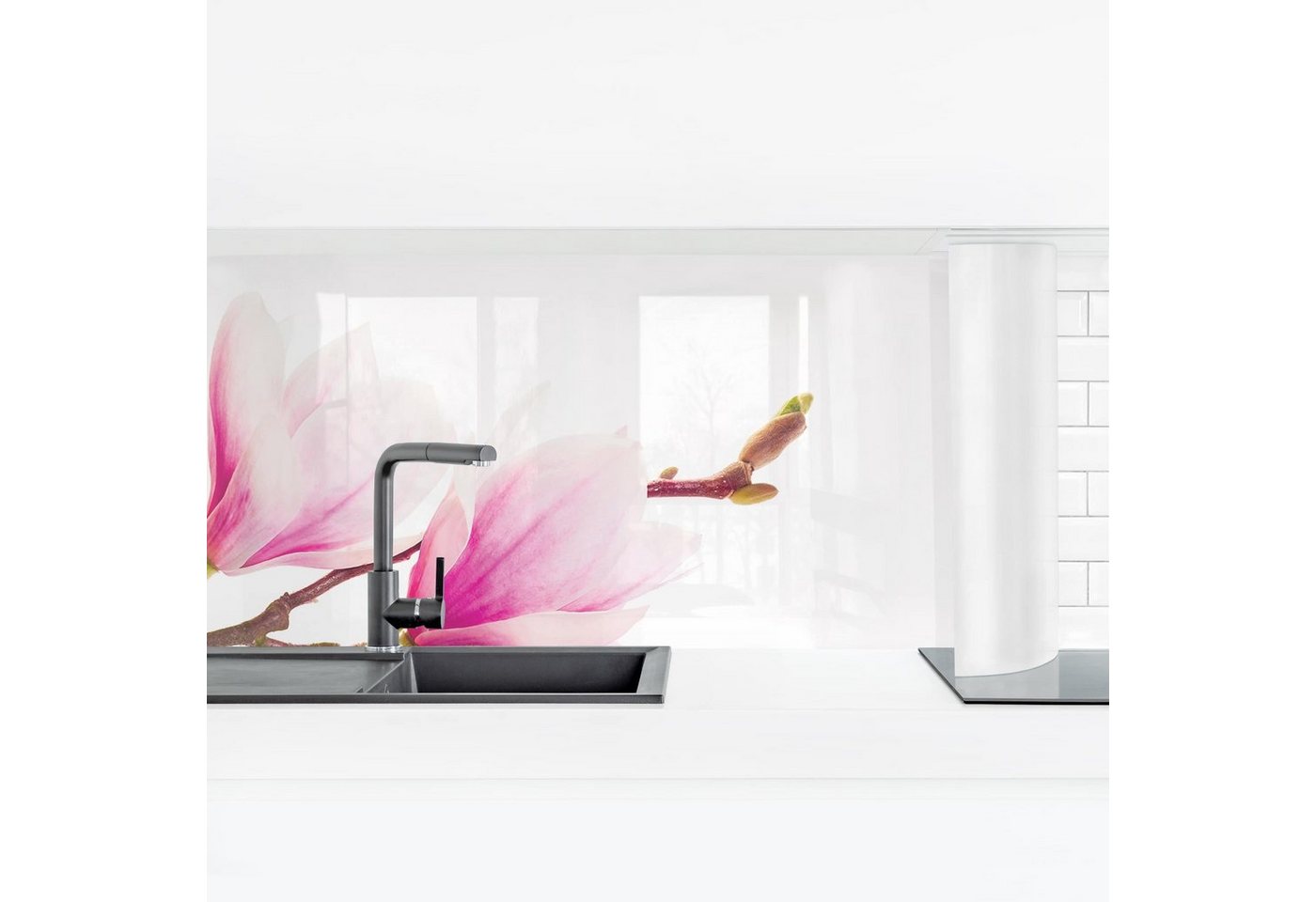 Bilderdepot24 Küchenrückwand rosa dekor Blumen Wandpaneel Küche Zarter Magnolienzweig, (1-tlg., Nischenrückwand - für Fliesenspiegel ohne Bohren - matt), Spritzschutz Rückwand Küche Herd - Folie selbstklebend versch. Größen Bild 2